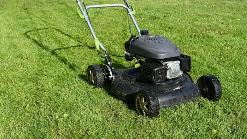 A push mower on a sunlit lawn